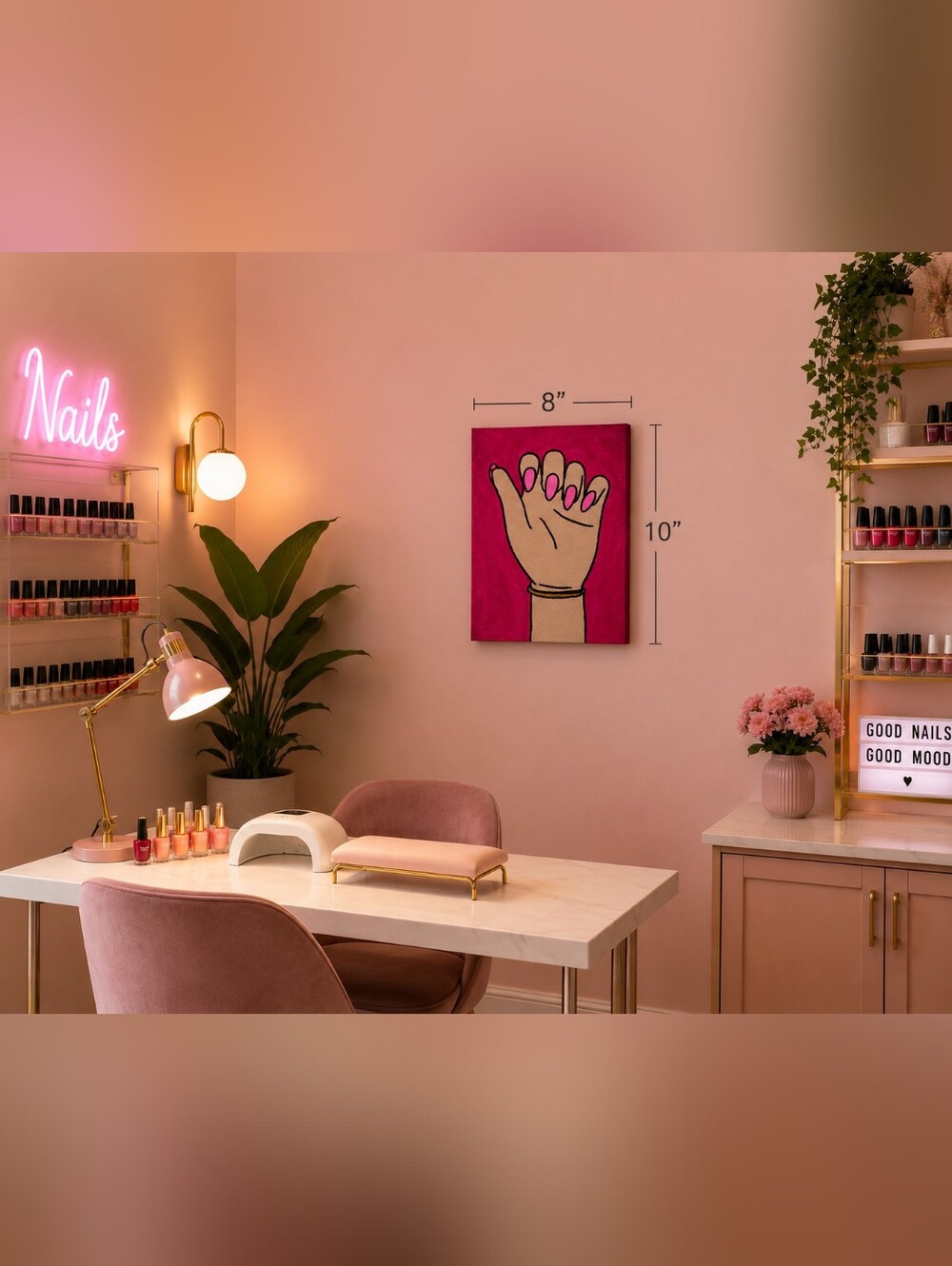 Handpainted Pink Nail Art Acrylic Painting Pop Art Wall Decor 8x10
